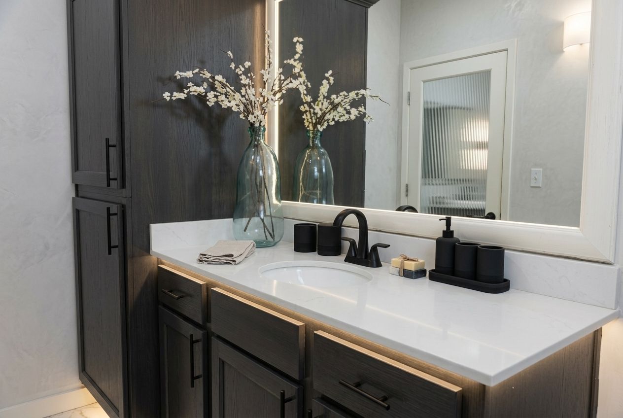 Bathroom vanity with quartz counter and matte black fixtures
