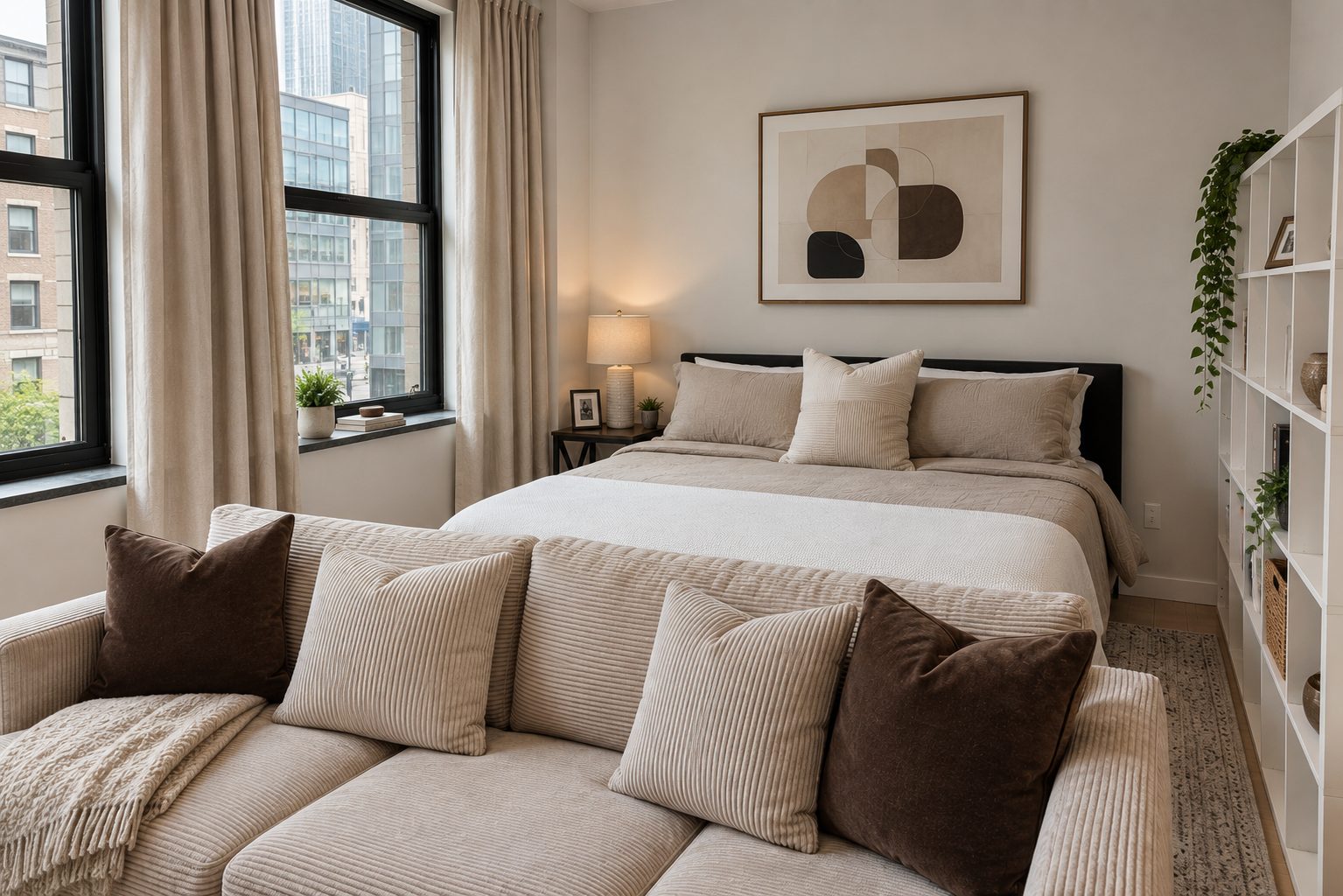 Bed and corduroy sofa beside tall windows overlooking downtown