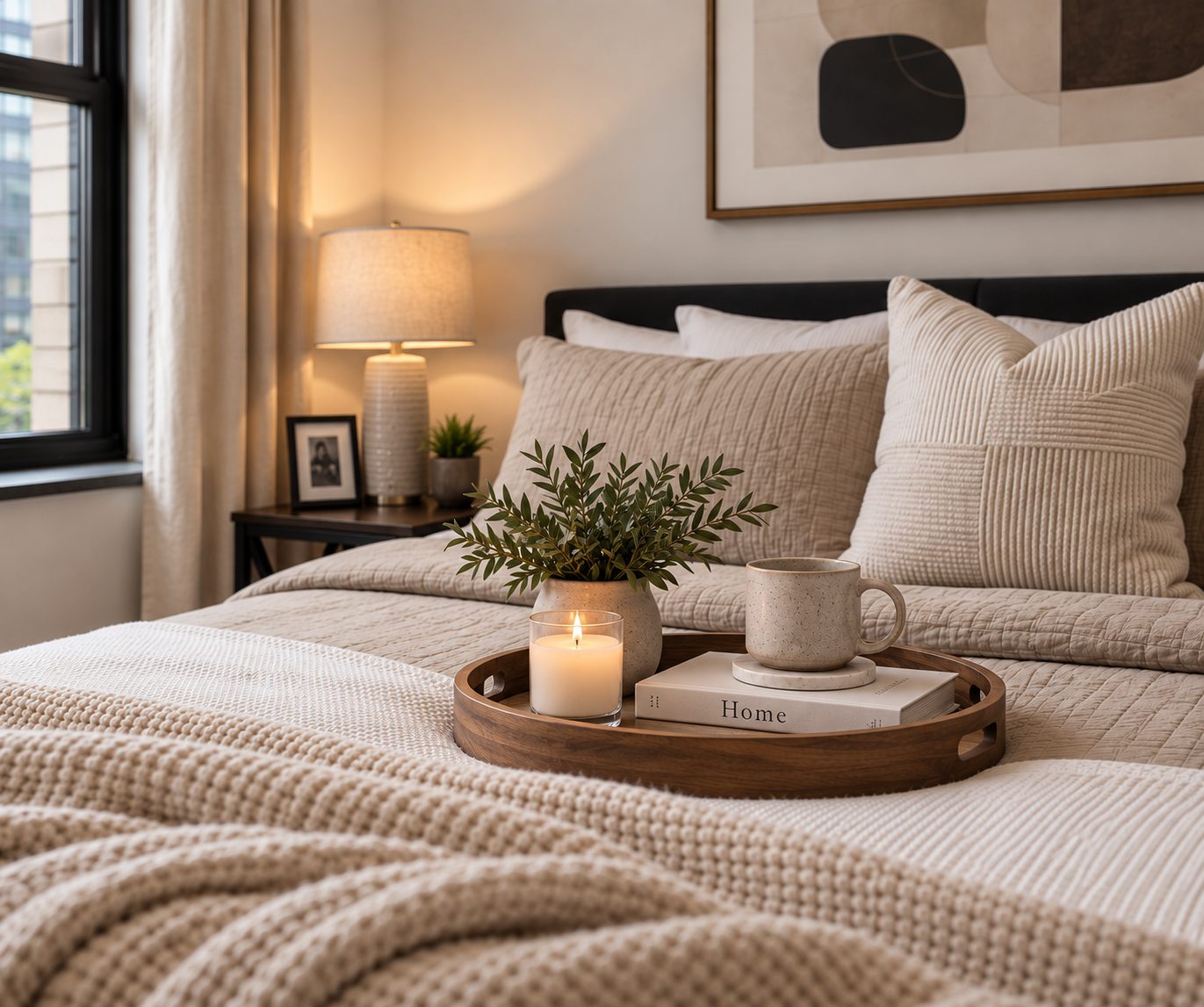 Queen bed with textured linens and a breakfast tray with coffee and a candle