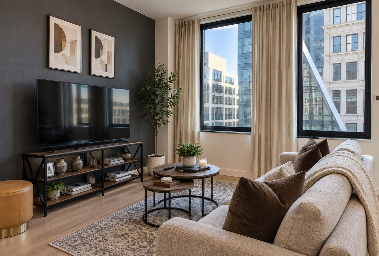 Living area with TV, nesting tables and city views