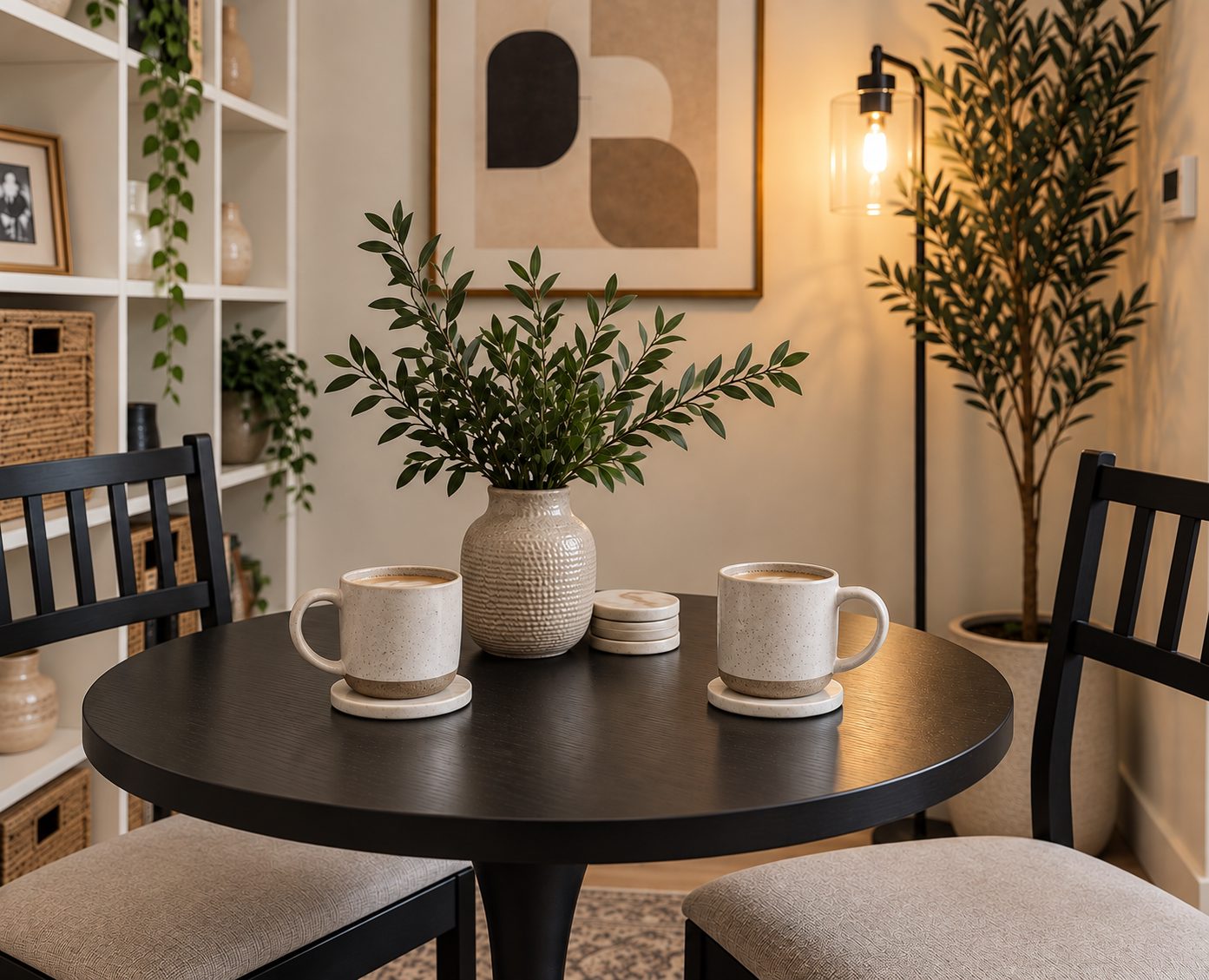 Two coffee mugs on the bistro table