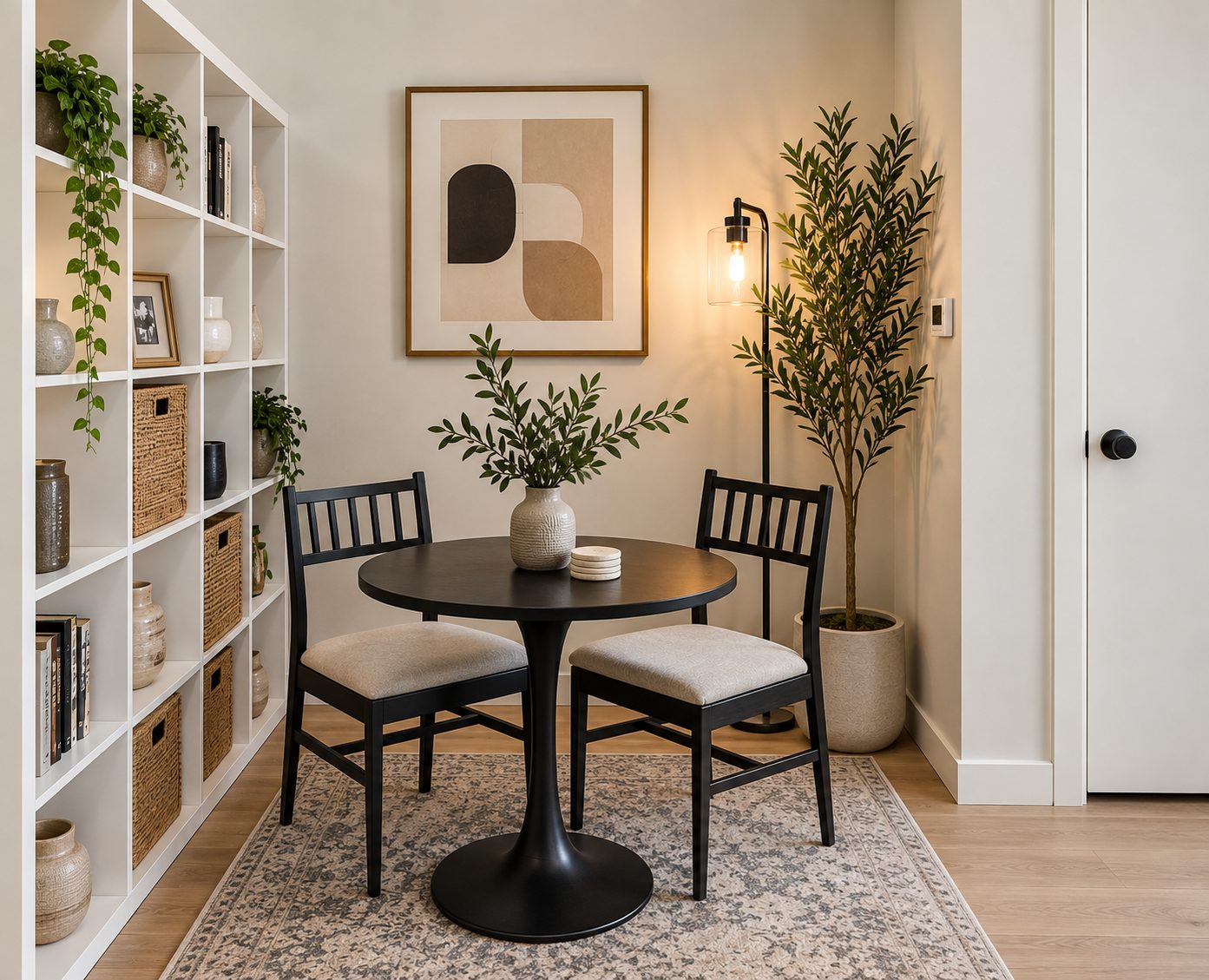 Dining nook with bistro table, olive tree and shelving