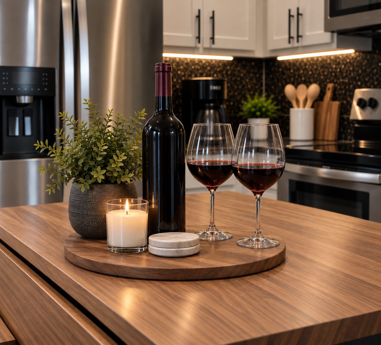 Two glasses of red wine on the kitchen island